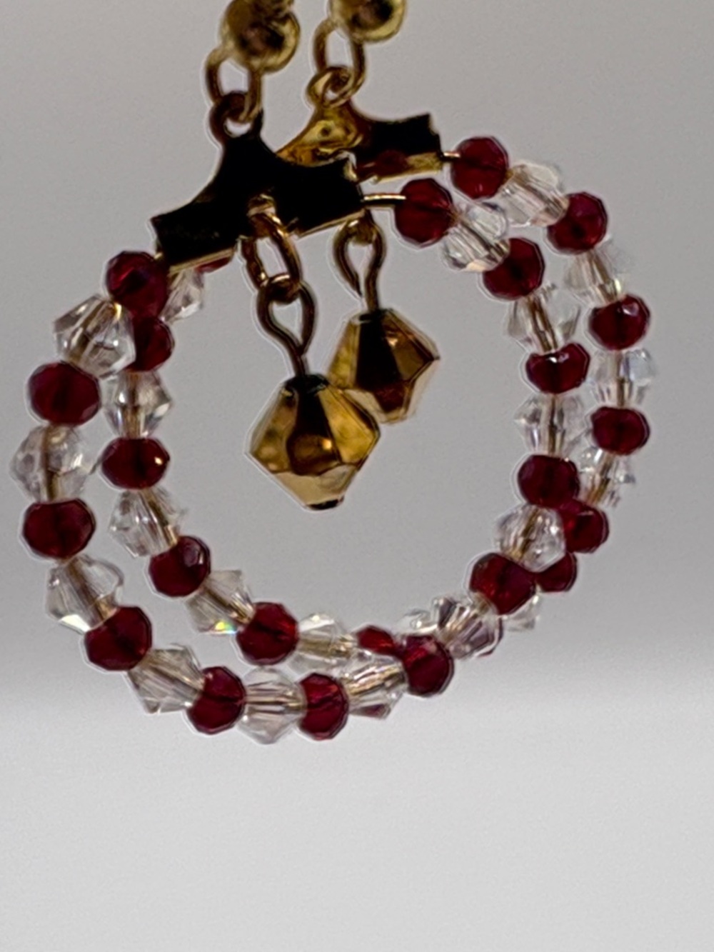 Beaded Hoop Earrings with Red and Clear Beads 1” Goldtone Wire French hooks
